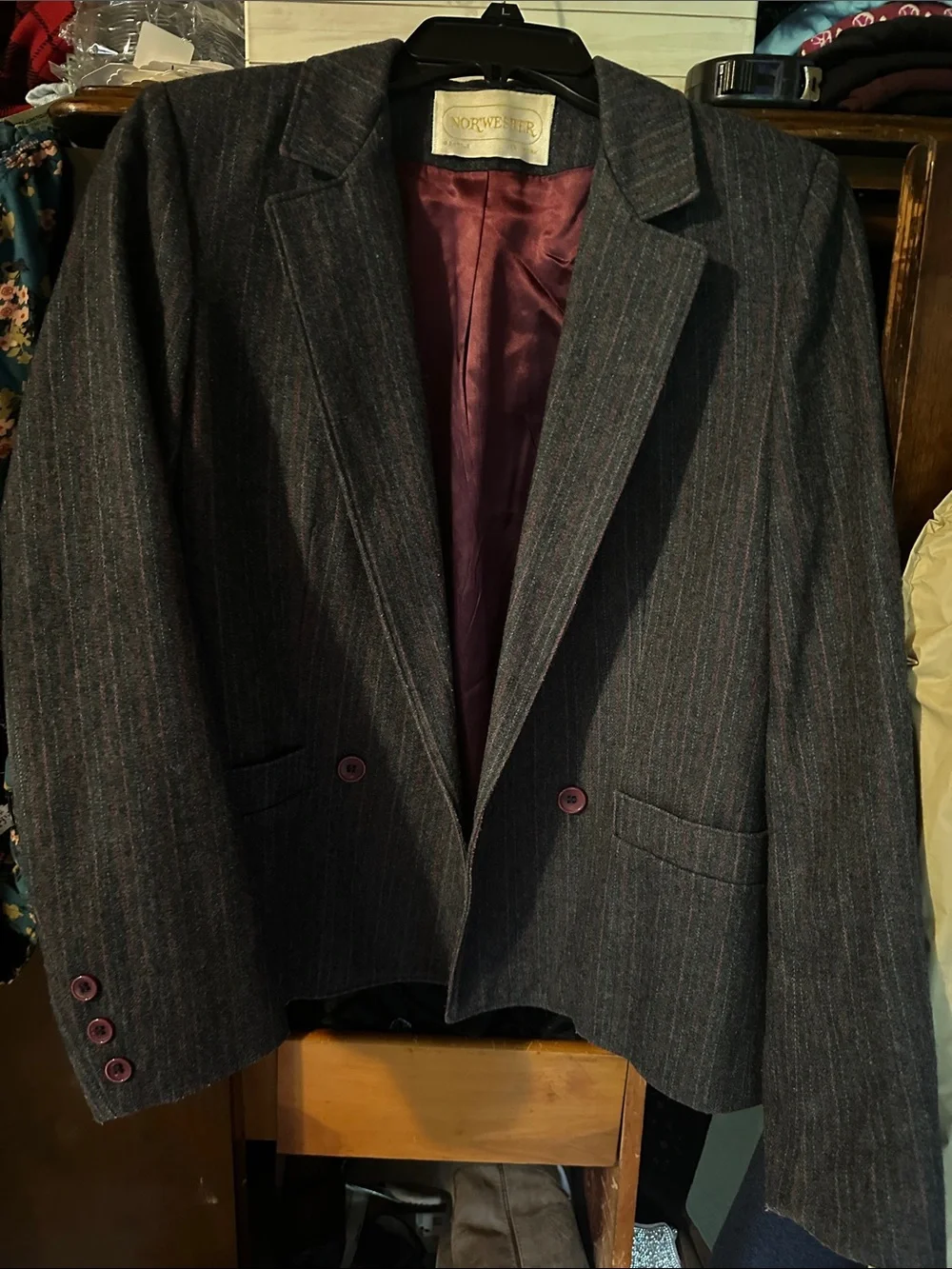 Vintage Nor’Wester Charcoal Pinstripe Blazer with Burgundy Lining